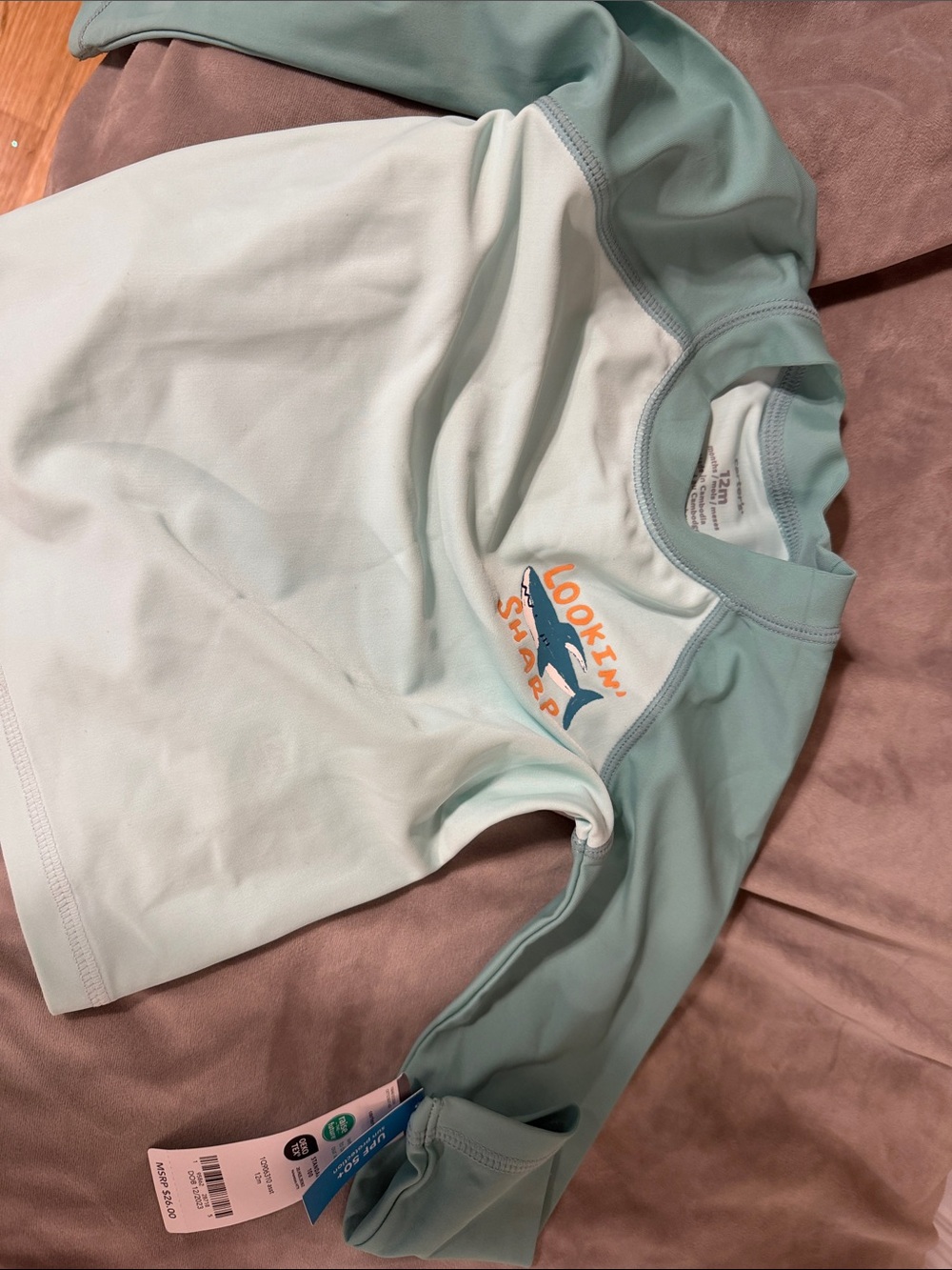 Carter's Light Mint Green and Teal Boys' Rash Guard Swim Top with Shark Print